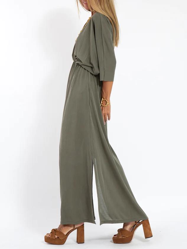 Women's Casual Solid Color V Neck Slit Dress-Comfort & Reliable
