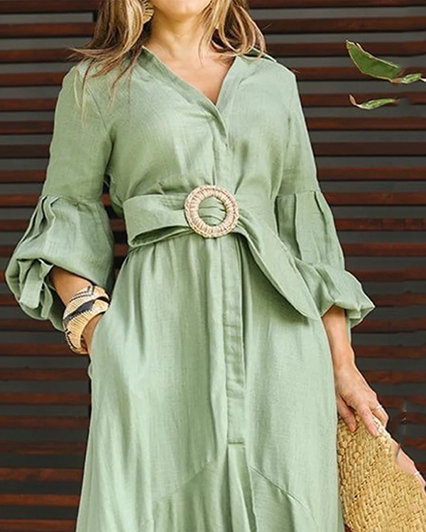 Temperament Casual V-neck Collar Solid Color Pocket Dress-Comfort & Reliable