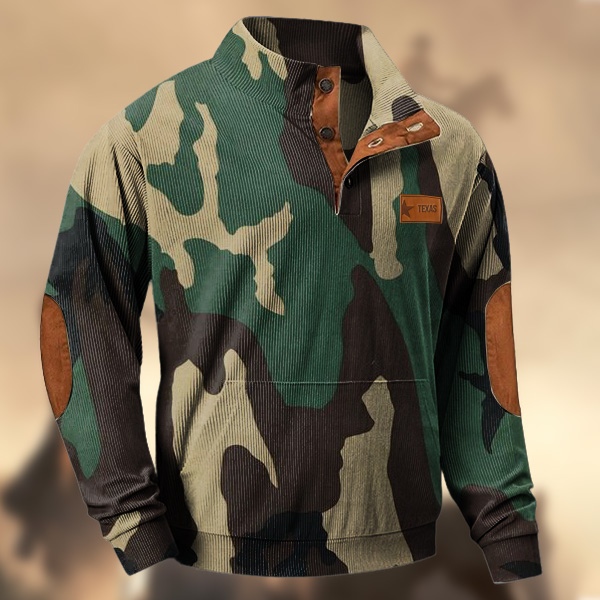 Men's Western Texas License Plate Leather Patches Army Green Khaki Camouflage Print Ziper Sweatshirt-Comfort & Reliable