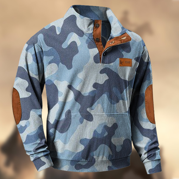 Men's Western Texas License Plate Leather Patches Blue White Camouflage Print Ziper Sweatshirt-Comfort & Reliable
