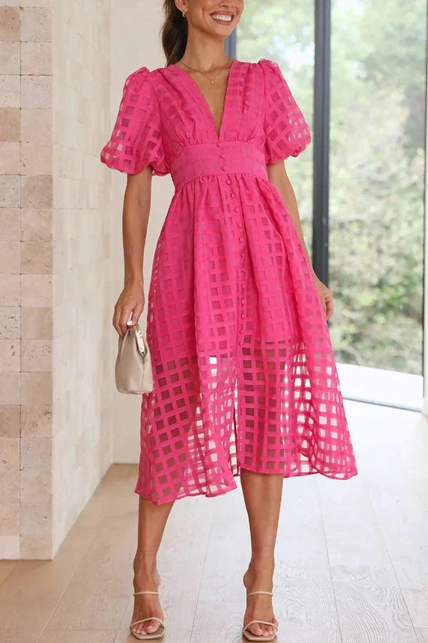Beauty Square Patterned Fabric Puff Sleeve Midi Dress-Comfort & Reliable