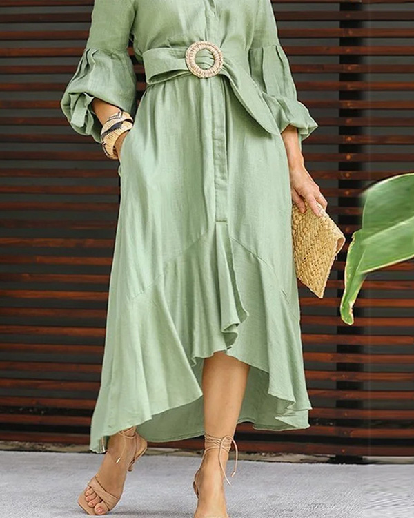 Temperament Casual V-neck Collar Solid Color Pocket Dress-Comfort & Reliable
