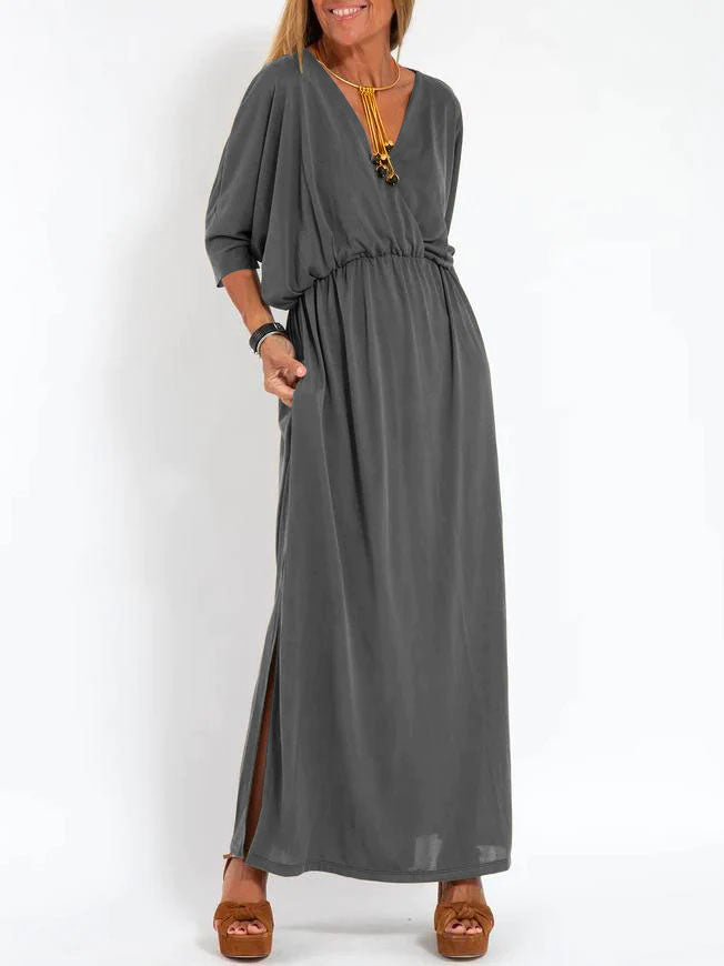 Women's Casual Solid Color V Neck Slit Dress-Comfort & Reliable
