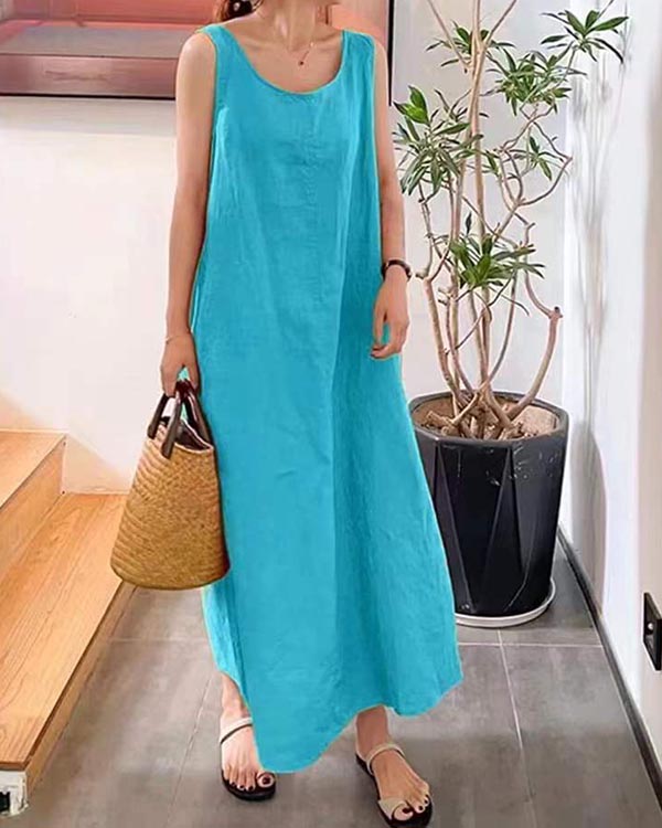 Linen Loose Crew Neck Sleeveless Dress-Comfort & Reliable