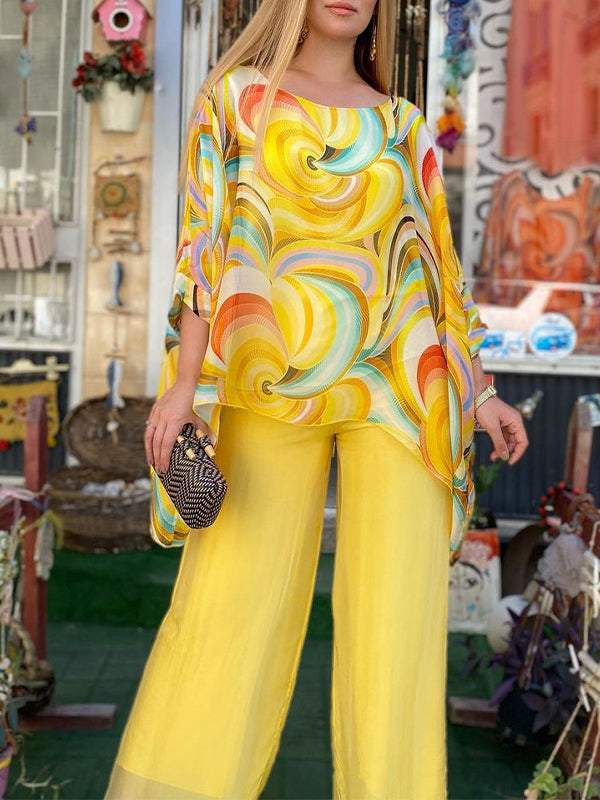 Women Colorful Chiffon Set Summer Casual Crew Neck Printed Two Piece Suit-Comfort & Reliable