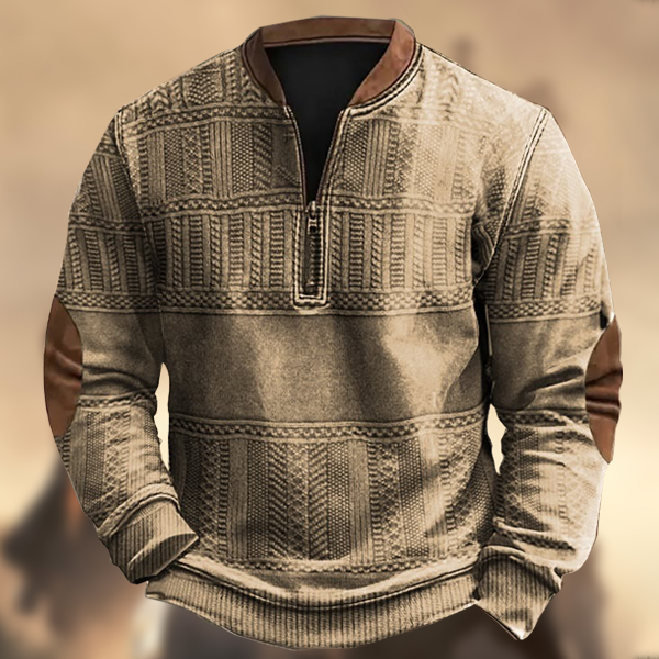 Men's Vintage Western Knitted Print Zipper Stand Collar Casual Sweatshirt-Comfort & Reliable