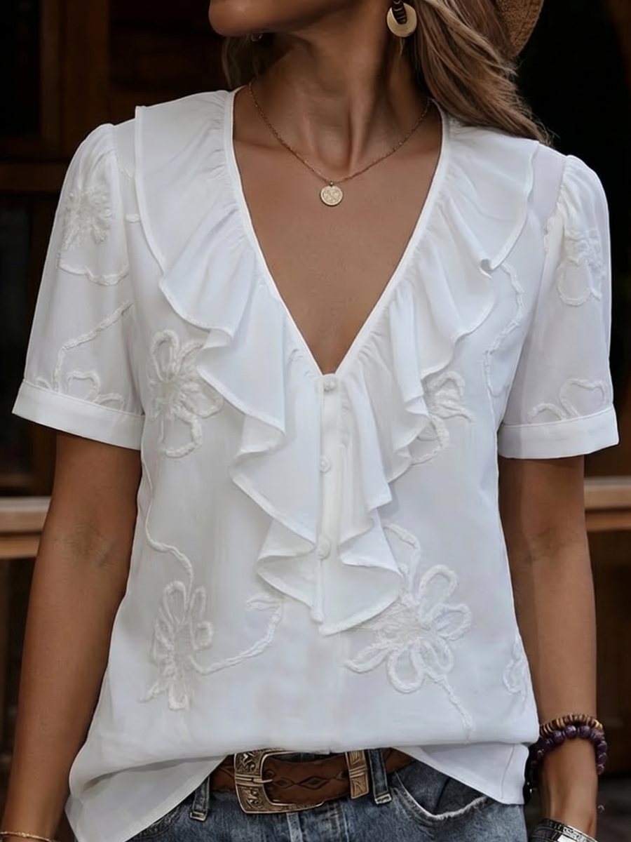 New Arrivals🔥 Vintage Ruffled V-neck Shirt with Embroidered Flowers