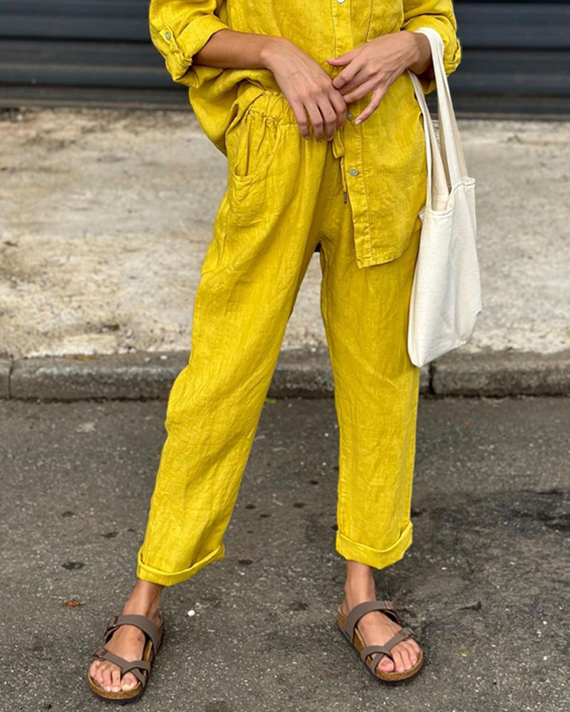 Casual Solid Color V-Neck Shirt & Pants Cotton Linen Two-Piece Set-Comfort & Reliable