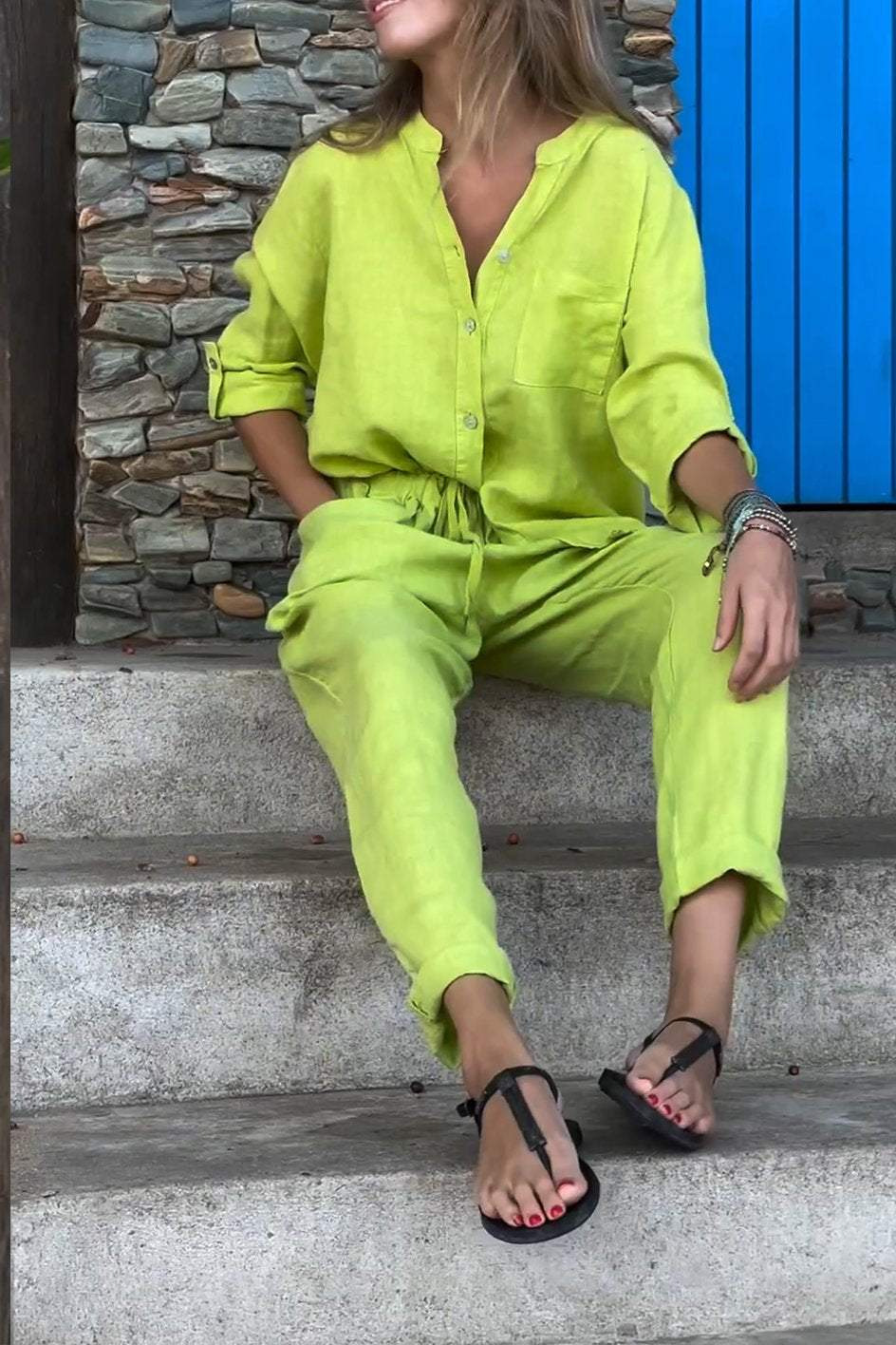 Casual Solid Color V-Neck Shirt & Pants Cotton Linen Two-Piece Set-Comfort & Reliable