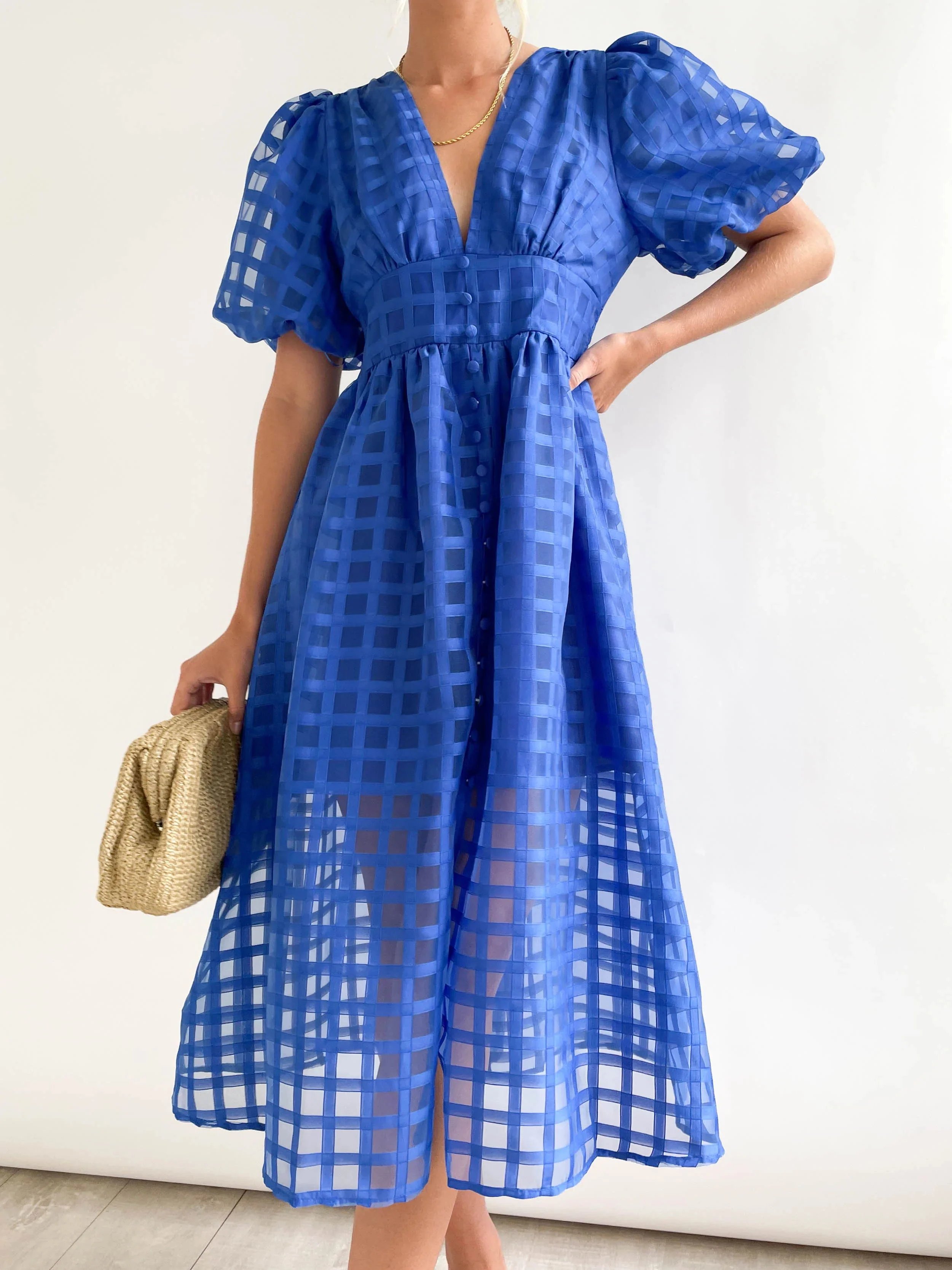 Beauty Square Patterned Fabric Puff Sleeve Midi Dress-Comfort & Reliable
