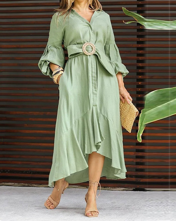Temperament Casual V-neck Collar Solid Color Pocket Dress-Comfort & Reliable