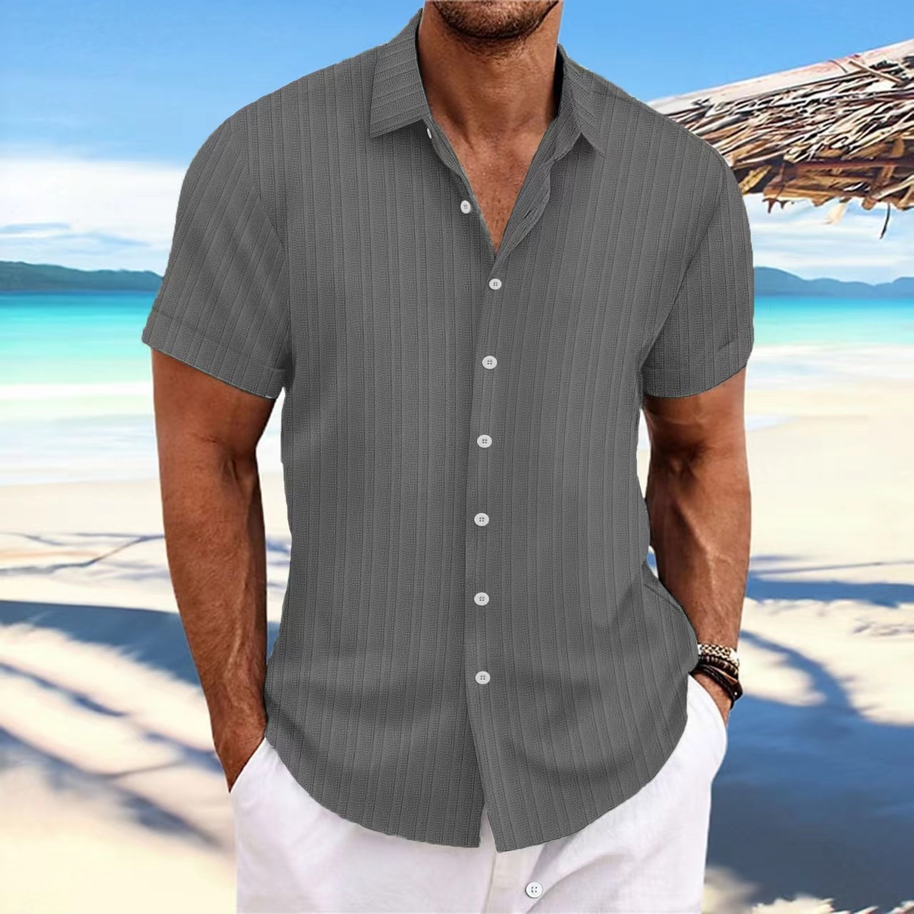 Men's cotton and linen striped jacquard casual loose short-sleeved shirt-Comfort & Reliable