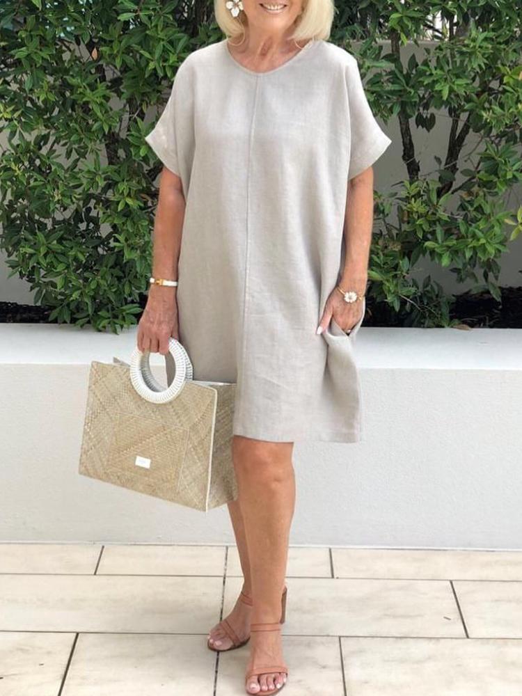 Women's Grey Linen Cotton T-Shirt Dress-Comfort & Reliable