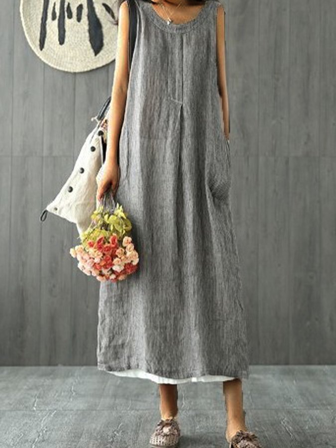 Women's Solid Color Round Neck Loose Sleeveless Cotton Linen Dress-Comfort & Reliable