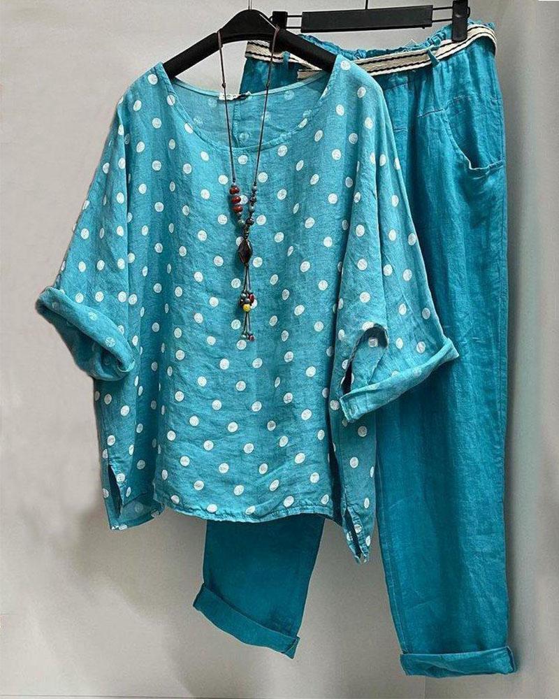 Women's Polka Dots Printed Cotton And Linen Two Pieces Suit-Comfort & Reliable