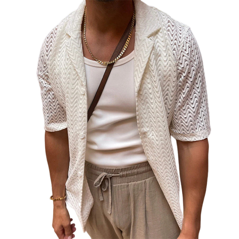 Men's summer hollowed-out sweater solid color lapel short sleeve knit shirt-Comfort & Reliable