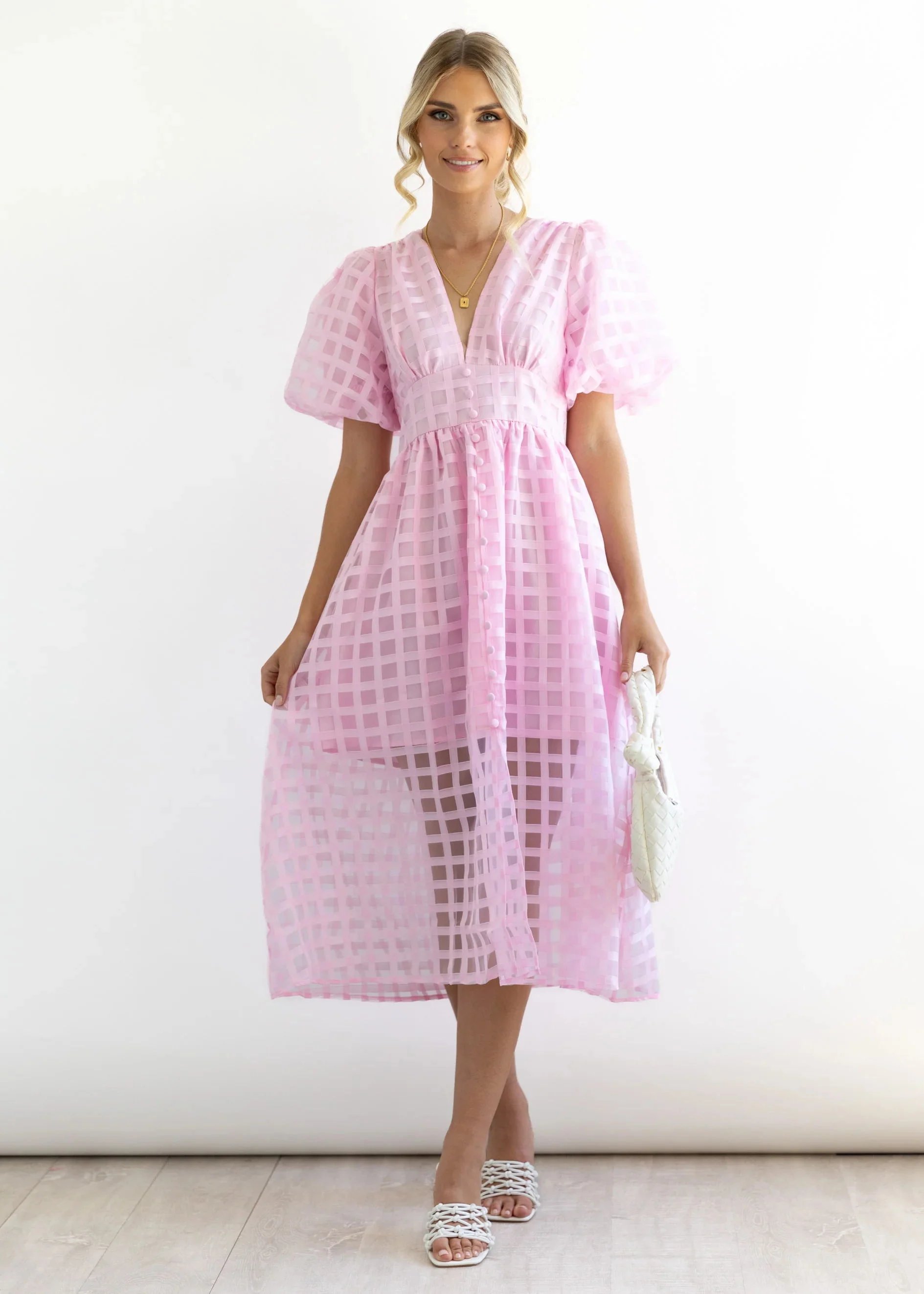 Beauty Square Patterned Fabric Puff Sleeve Midi Dress-Comfort & Reliable
