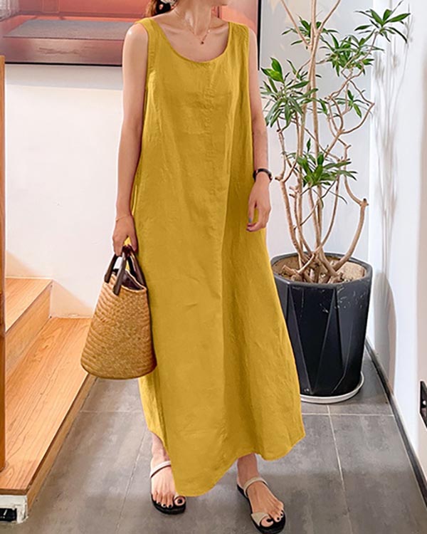 Linen Loose Crew Neck Sleeveless Dress-Comfort & Reliable