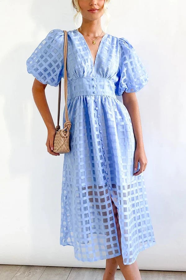 Beauty Square Patterned Fabric Puff Sleeve Midi Dress-Comfort & Reliable