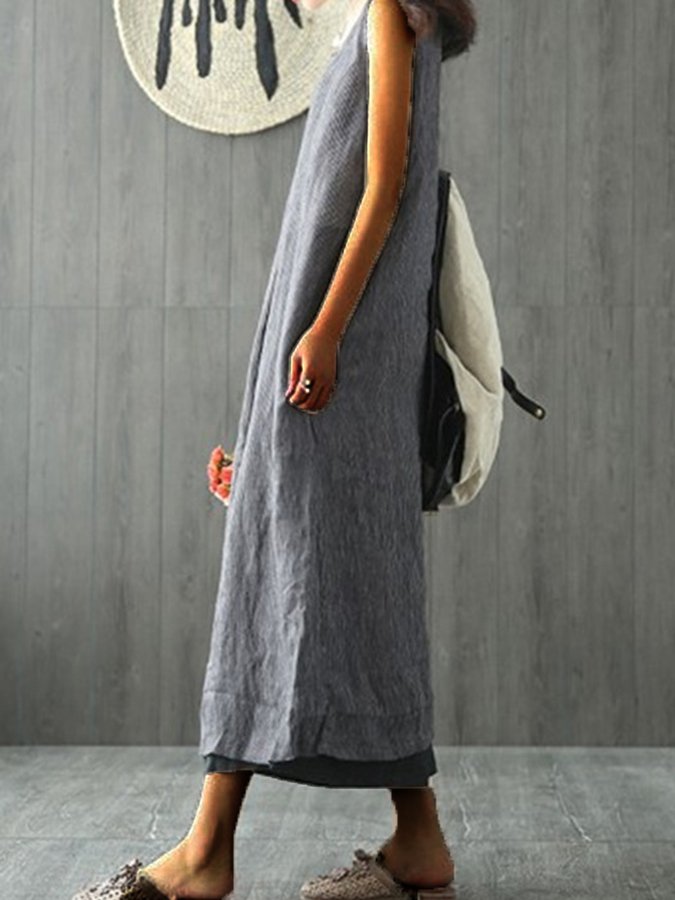 Women's Solid Color Round Neck Loose Sleeveless Cotton Linen Dress-Comfort & Reliable