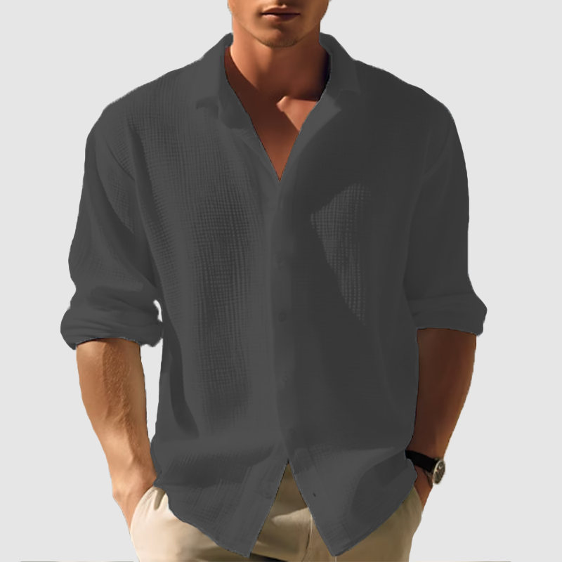 Men's  casual lapel solid color long sleeve button top-Comfort & Reliable