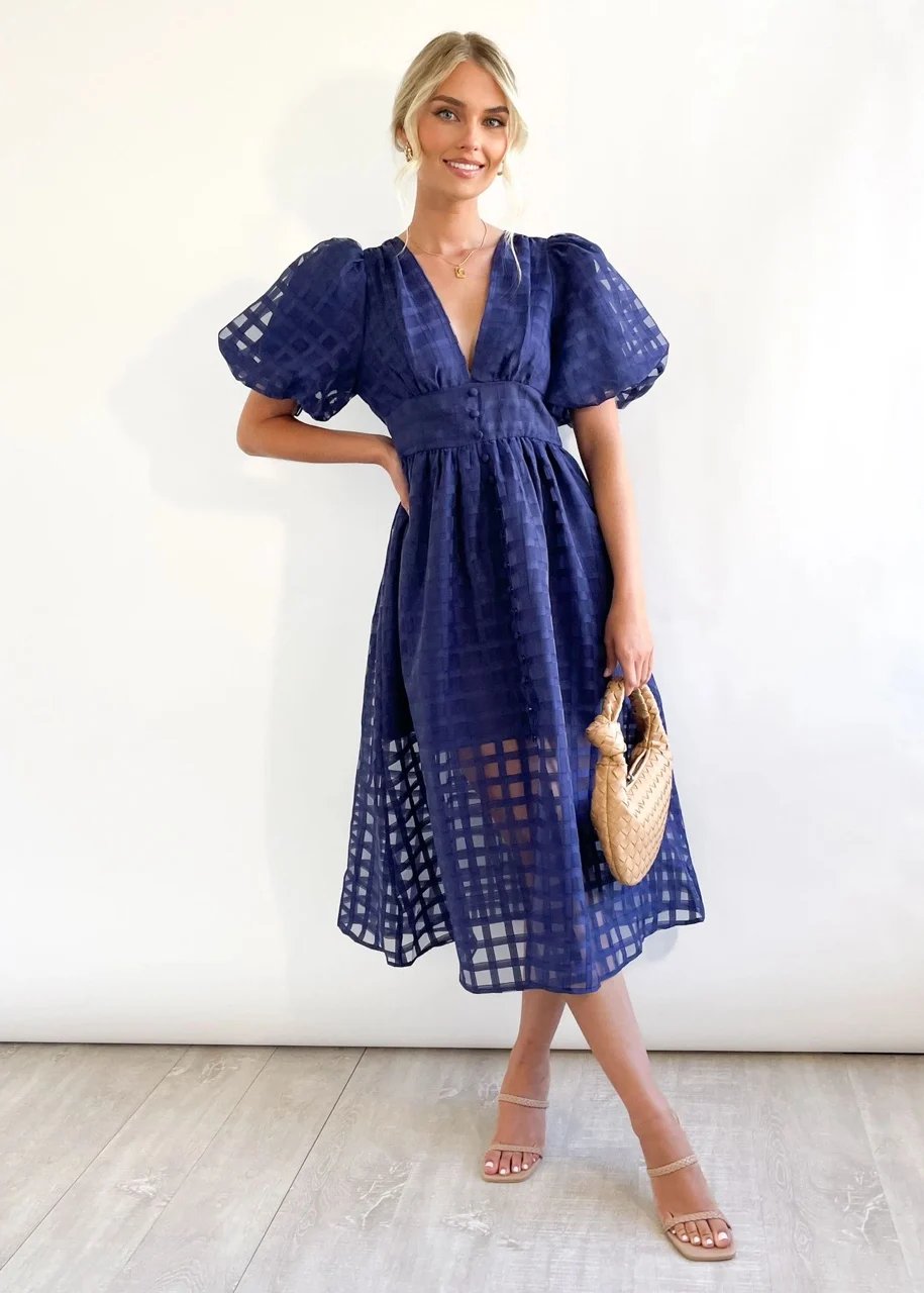 Beauty Square Patterned Fabric Puff Sleeve Midi Dress-Comfort & Reliable
