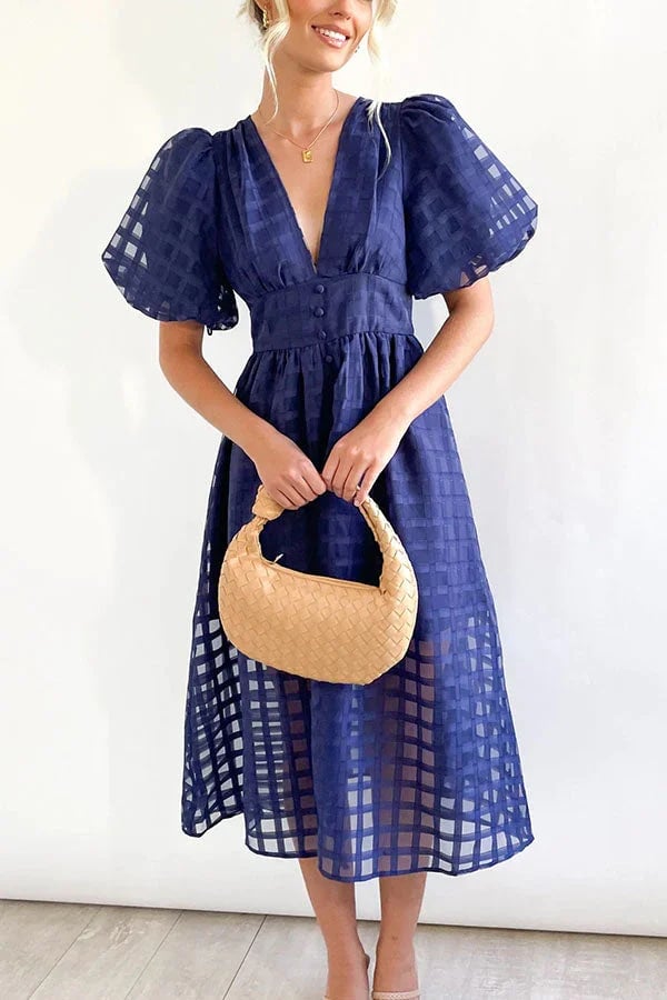Beauty Square Patterned Fabric Puff Sleeve Midi Dress-Comfort & Reliable