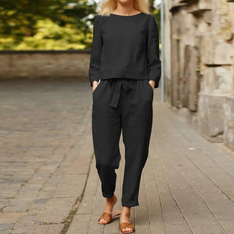 Round Neck Top and Drawstring Pants Two-piece Set-Comfort & Reliable