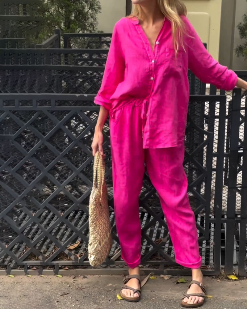 Casual Solid Color V-Neck Shirt & Pants Cotton Linen Two-Piece Set-Comfort & Reliable