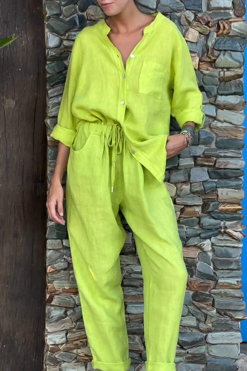 Casual Solid Color V-Neck Shirt & Pants Cotton Linen Two-Piece Set-Comfort & Reliable