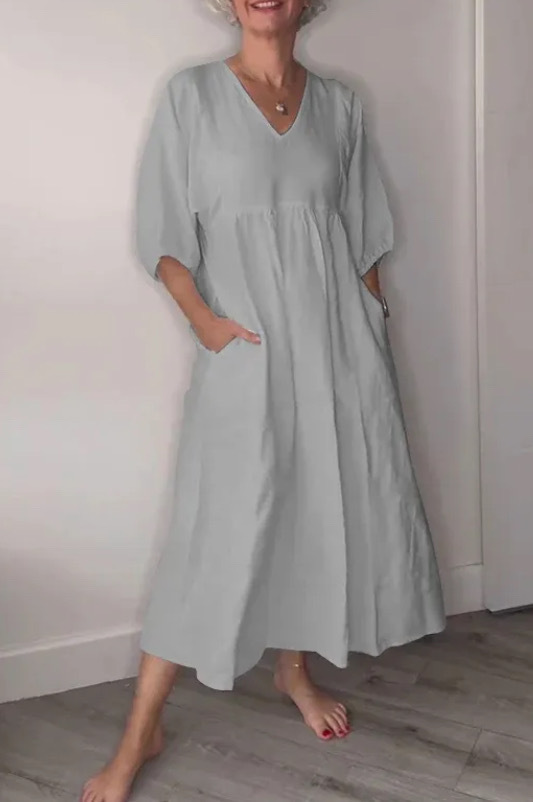 Women's V-neck Solid Color Mid-length Sleeve Cotton and Linen Dress-Comfort & Reliable