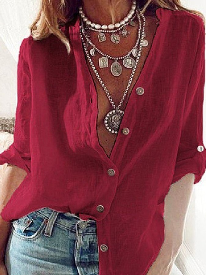 Ladies Cotton Linen Solid Color Pull-Sleeve Loose V-Neck Long-Sleeve Shirt-Comfort & Reliable