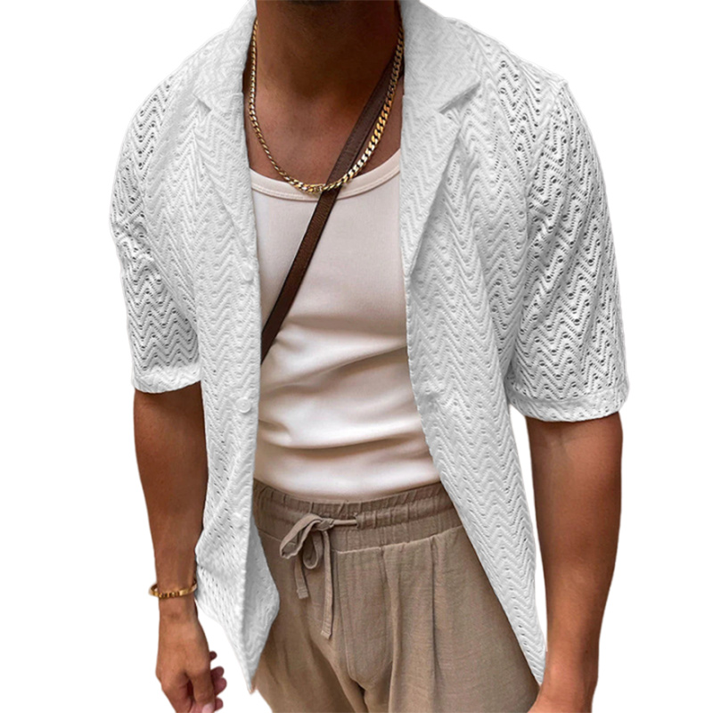 Men's summer hollowed-out sweater solid color lapel short sleeve knit shirt-Comfort & Reliable