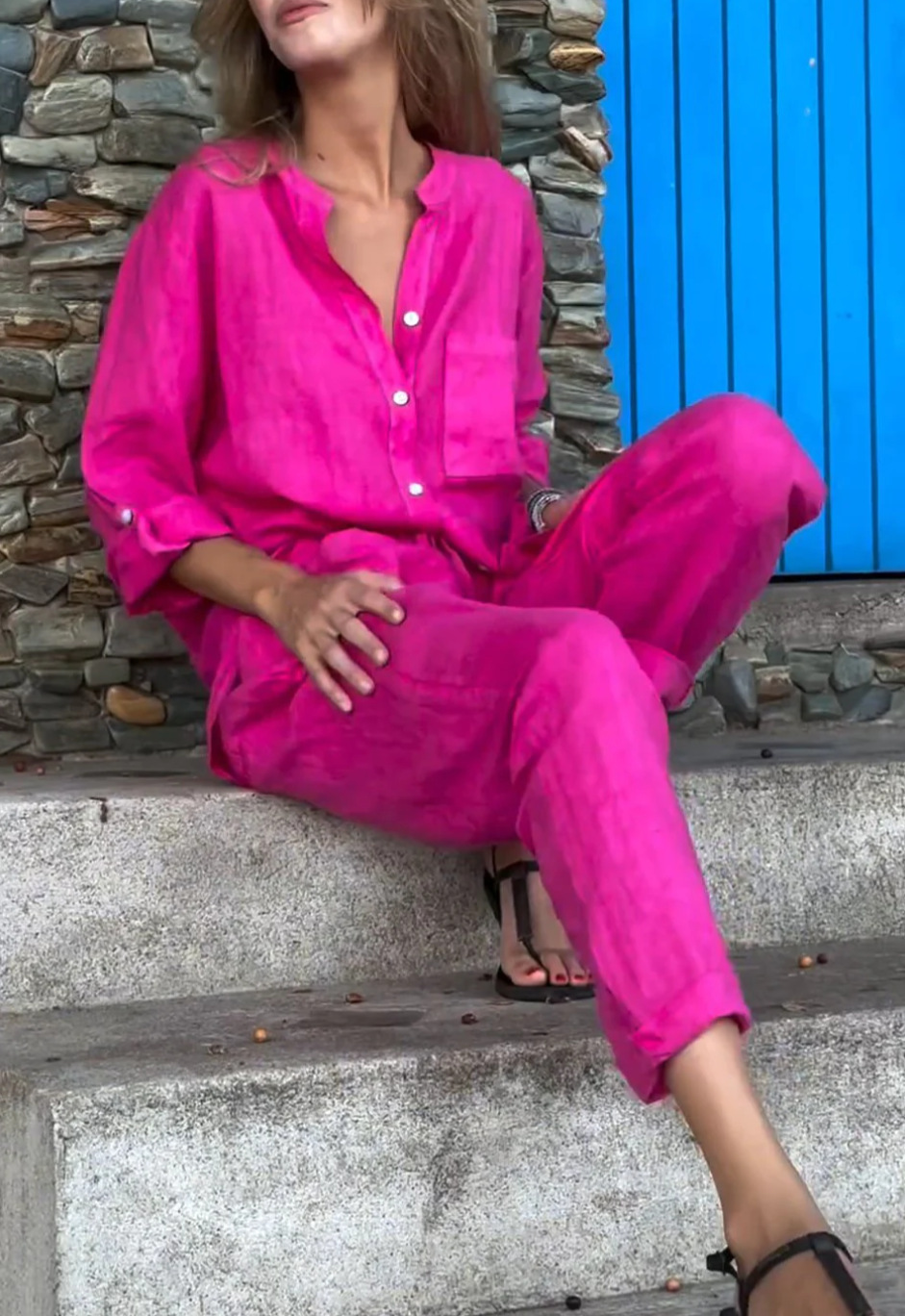 Casual Solid Color V-Neck Shirt & Pants Cotton Linen Two-Piece Set-Comfort & Reliable