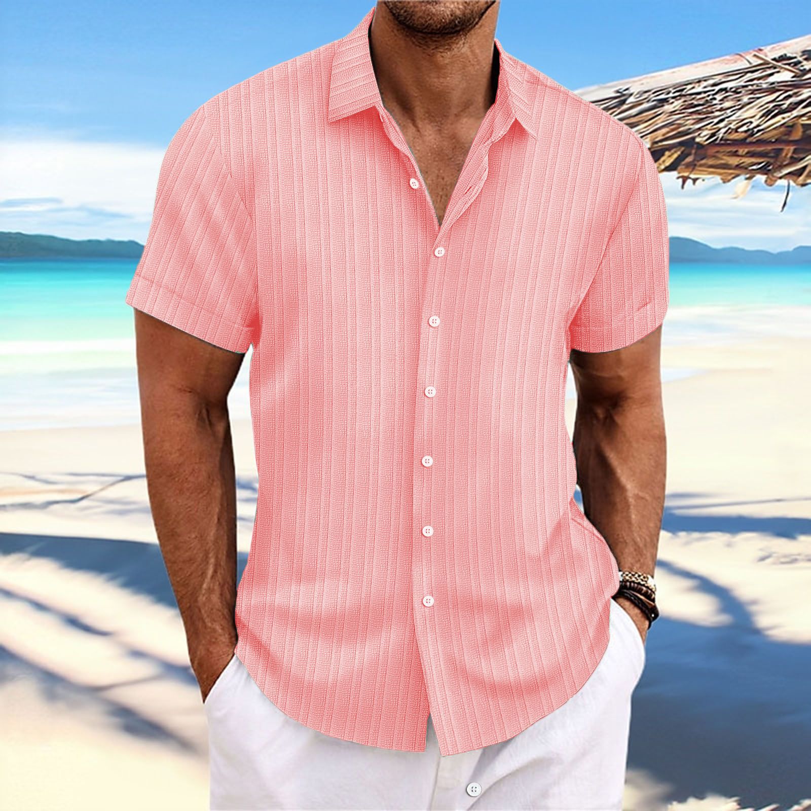 Men's cotton and linen striped jacquard casual loose short-sleeved shirt-Comfort & Reliable