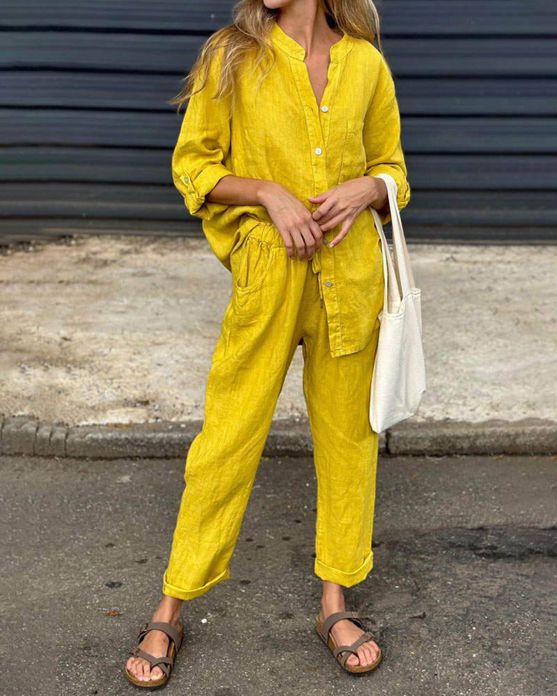 Casual Solid Color V-Neck Shirt & Pants Cotton Linen Two-Piece Set-Comfort & Reliable