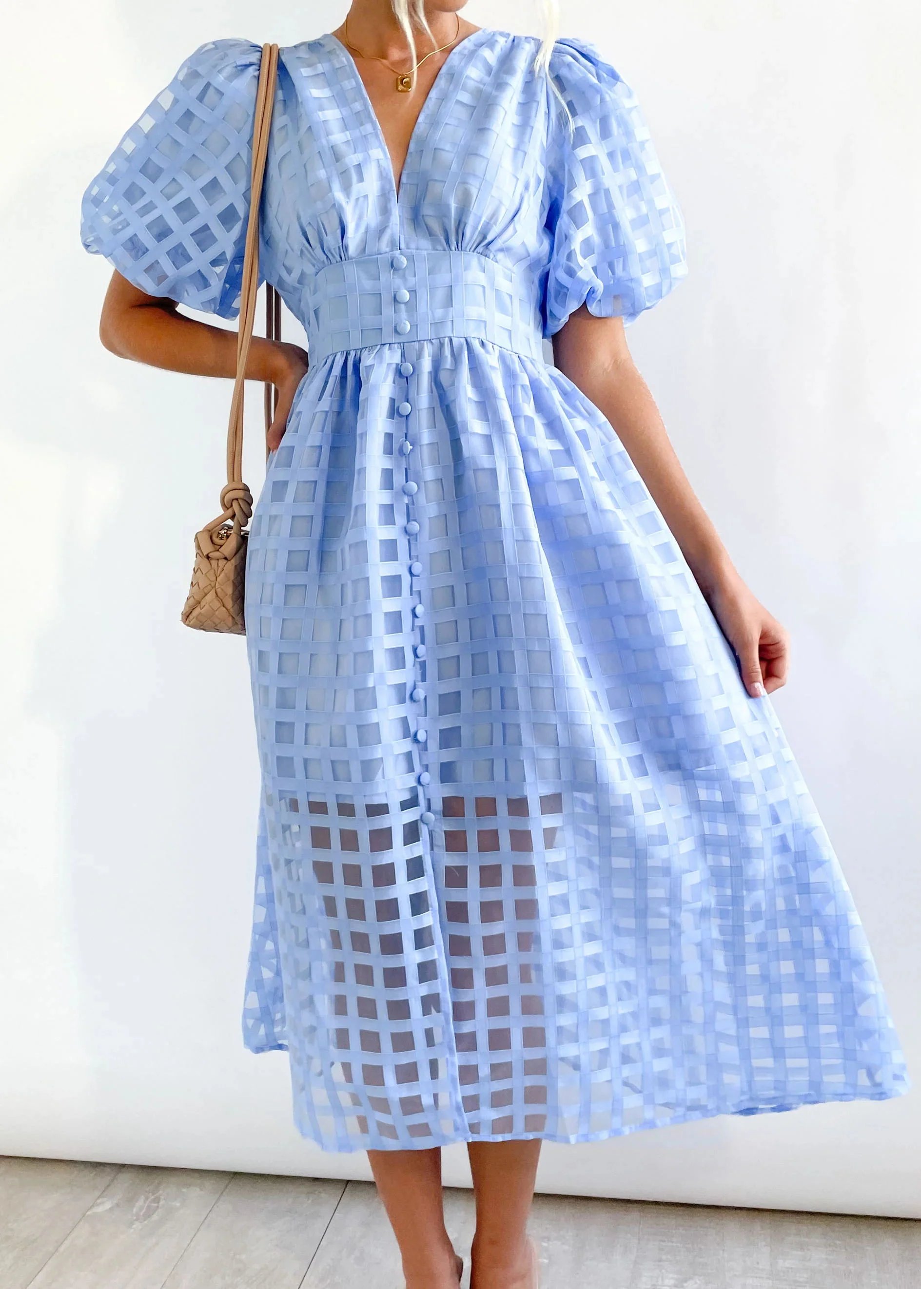 Beauty Square Patterned Fabric Puff Sleeve Midi Dress-Comfort & Reliable