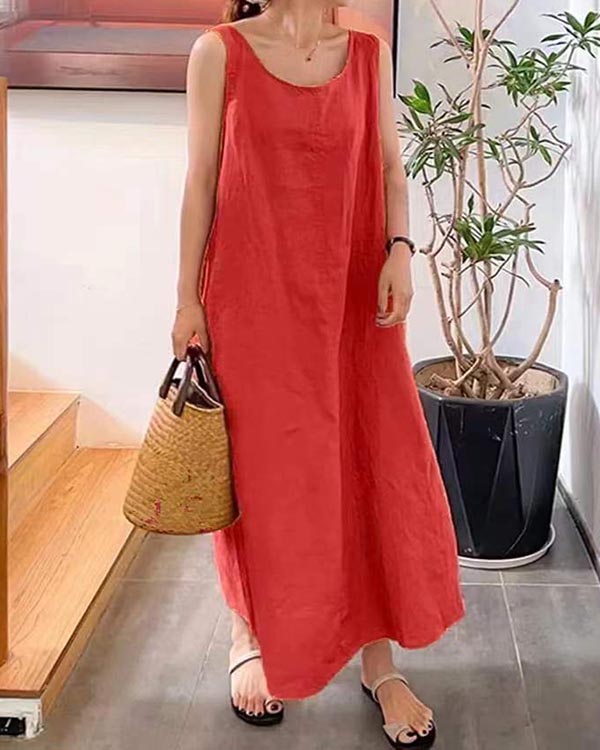 Linen Loose Crew Neck Sleeveless Dress-Comfort & Reliable