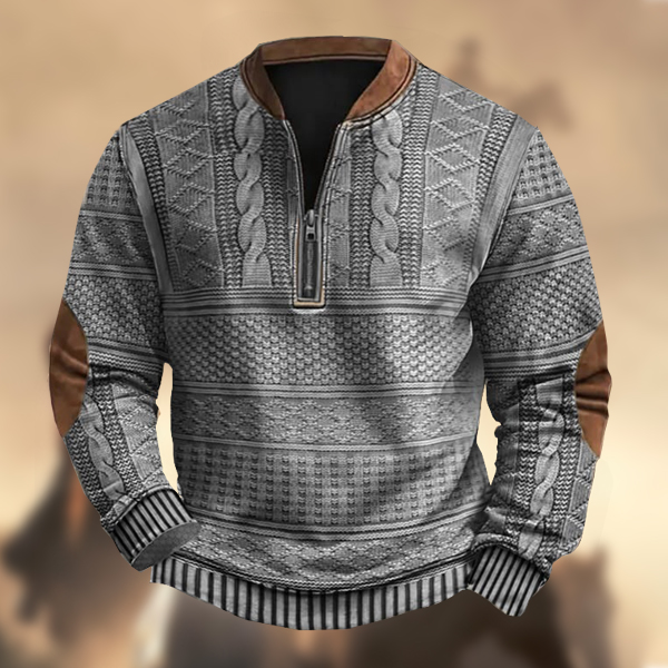 Men's Vintage Country Western Cashmere Wool Print Zipper Stand Collar Casual Sweatshirt-Comfort & Reliable