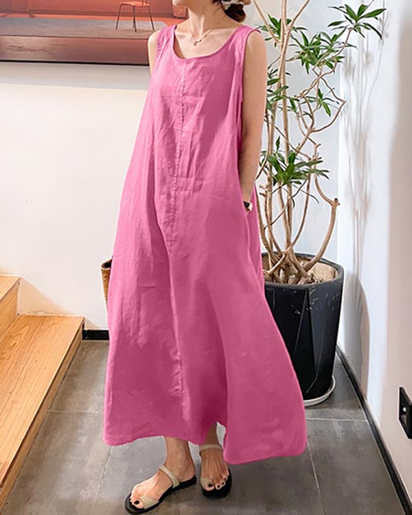 Linen Loose Crew Neck Sleeveless Dress-Comfort & Reliable