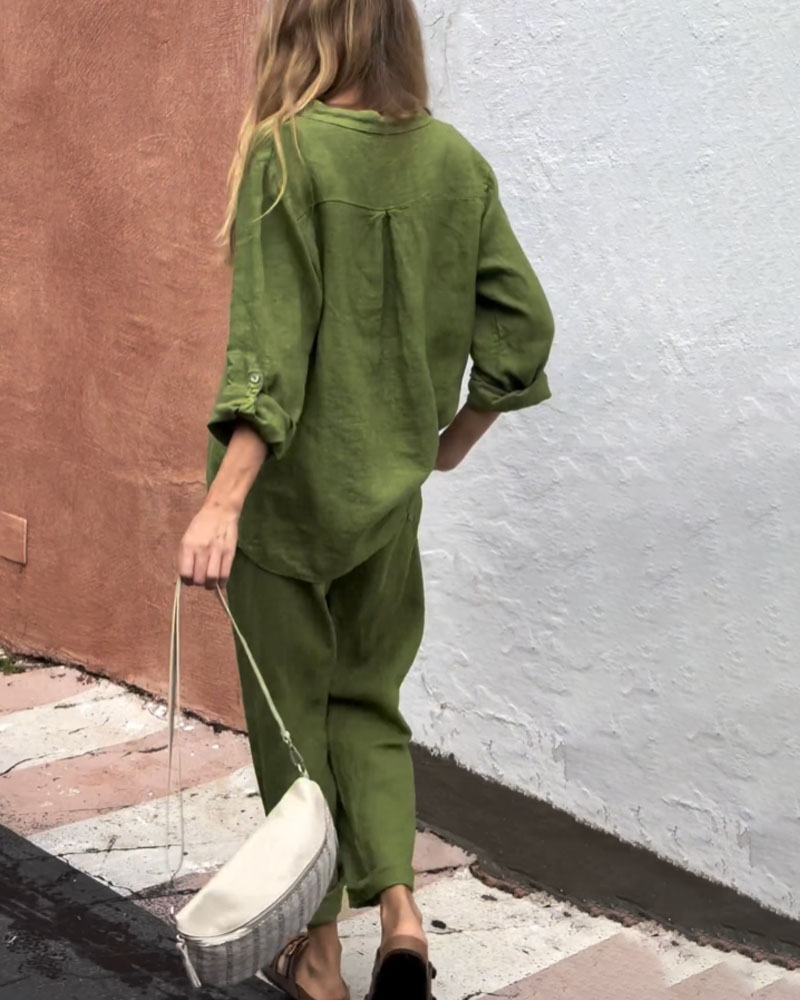 Casual Solid Color V-Neck Shirt & Pants Cotton Linen Two-Piece Set-Comfort & Reliable