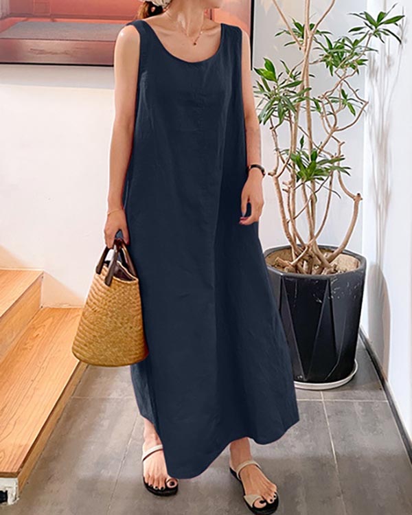 Linen Loose Crew Neck Sleeveless Dress-Comfort & Reliable