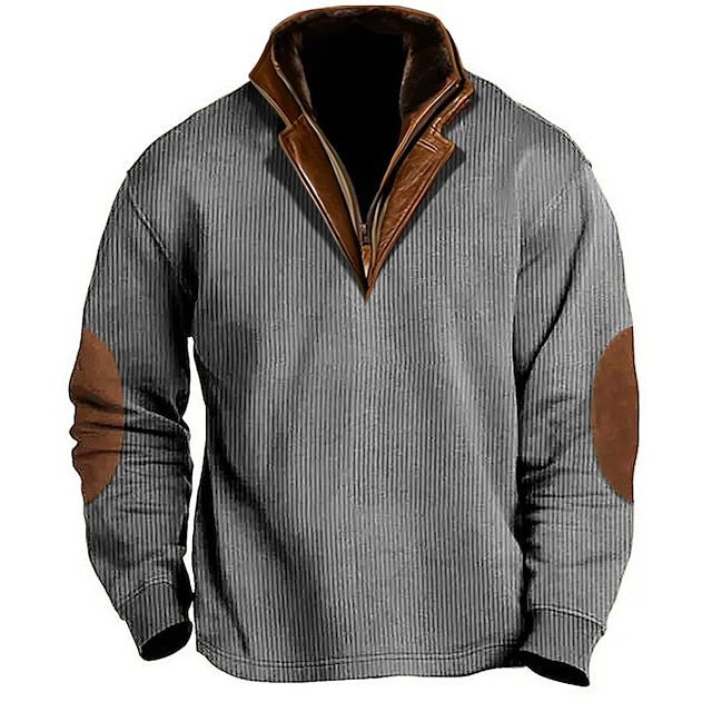 Men's Outdoor Casual Zip Polo Stand Collar Long Sleeve Sweatshirt Double Layer Lapel Fur Leather Collar Pullover-Comfort & Reliable