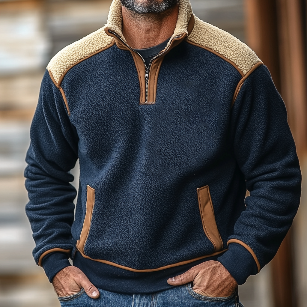 Men's Vintage Fleece Color Block Stand Collar Quarter Zip Sweatshirt-Comfort & Reliable