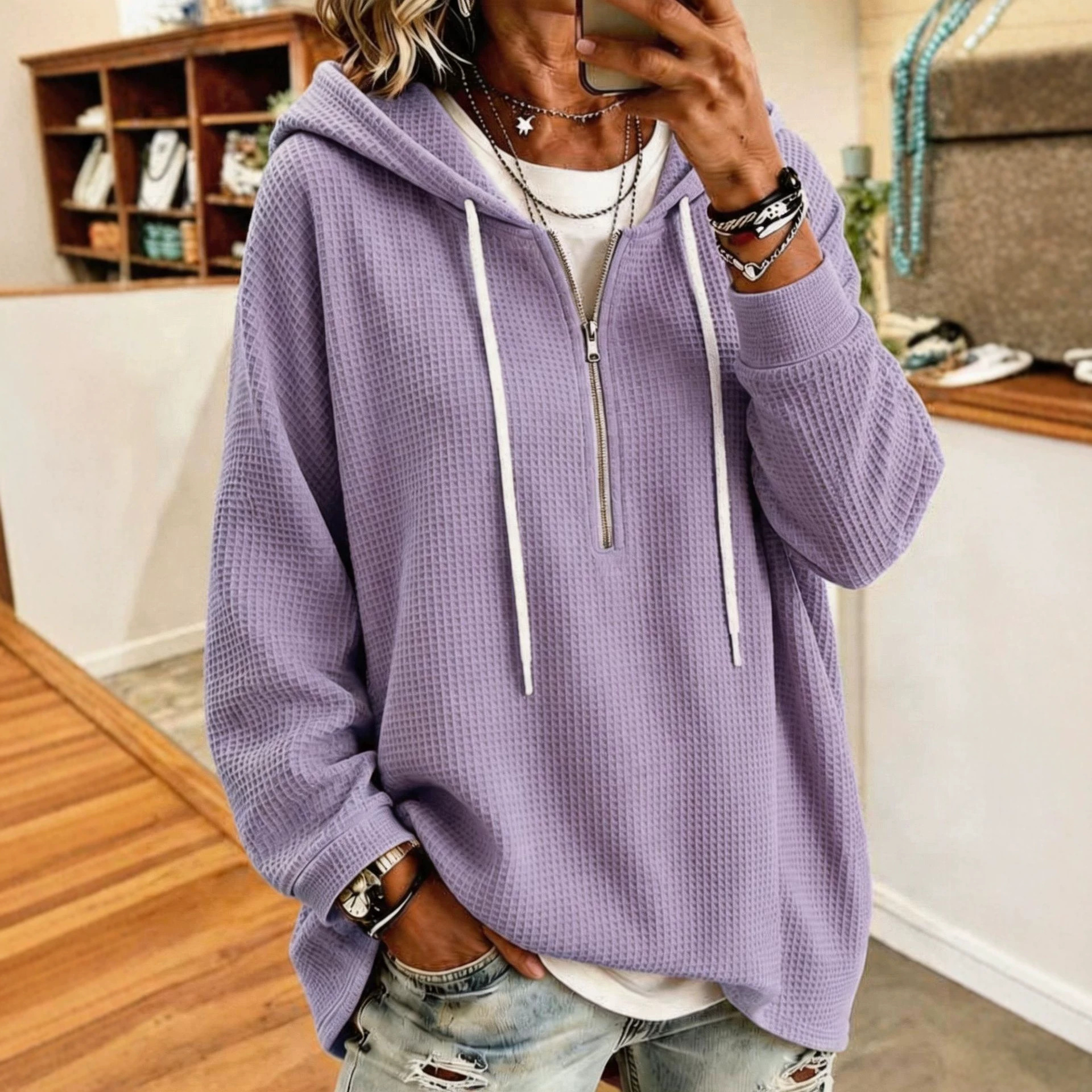 Women's Waffle Knit Drawstring Hooded Sweatshirt Loose Zip-Up Long Sleeve Top