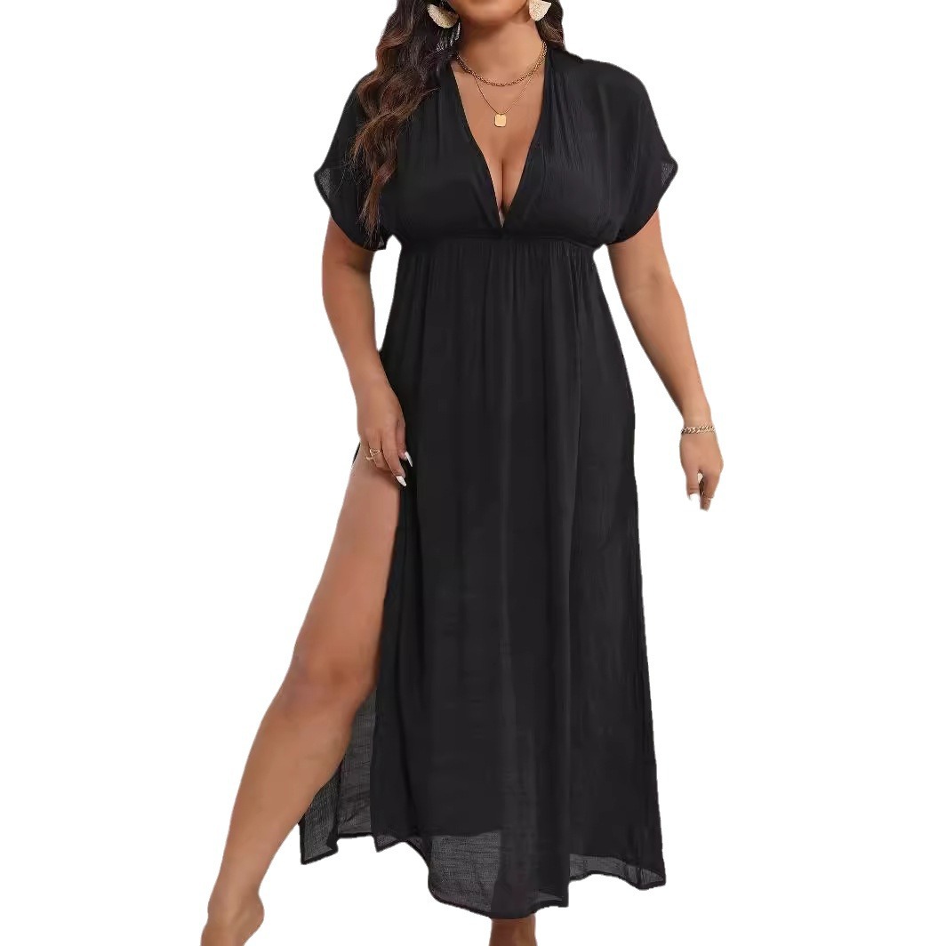 Women's Long Beach Cover-Up Dress with Deep V-Neck, Open Back, Waist-Cinching, and Slit