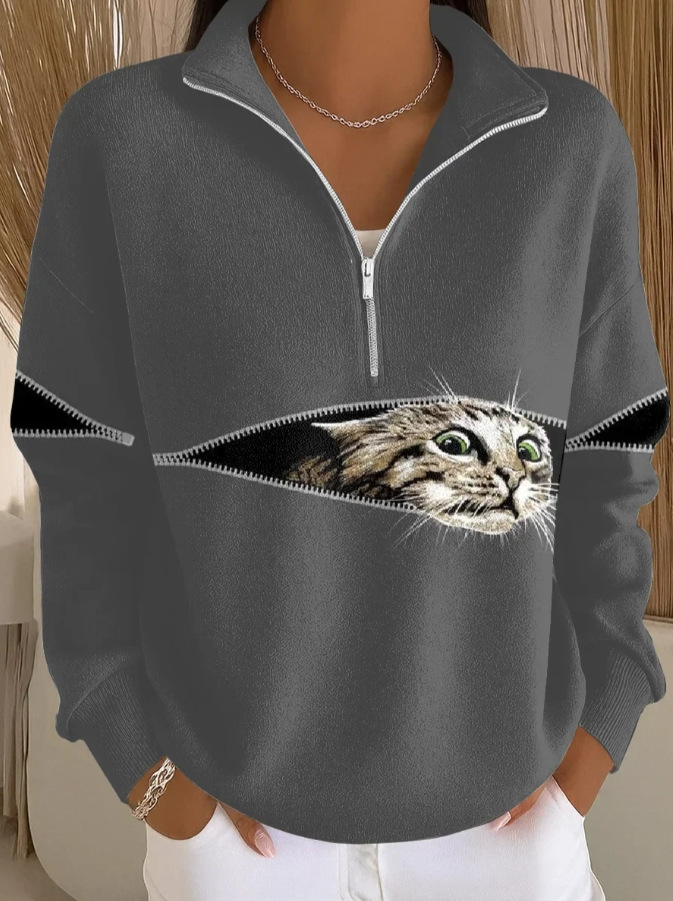 Cat & Moon Print Half-Zip Hoodie for Women