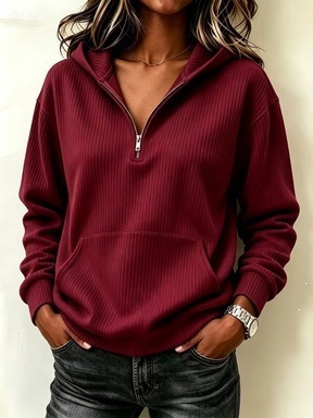 Half-Zip Hooded Sweatshirt Relaxed Fit Slimming Long Sleeve Pullover White
