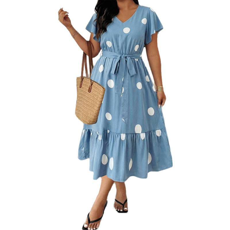 Light Blue Polka Dot V-Neck Dress with Ruffle Waist Tie Midi