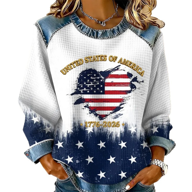Women's Patriotic American Flag Print Crewneck Sweatshirt